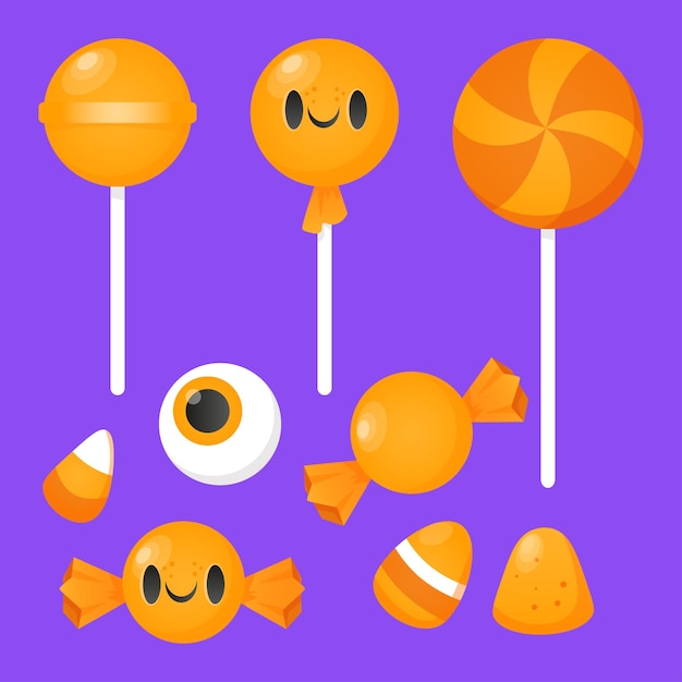 Vector set oranje enge snoepjes en halloween-snoepjes