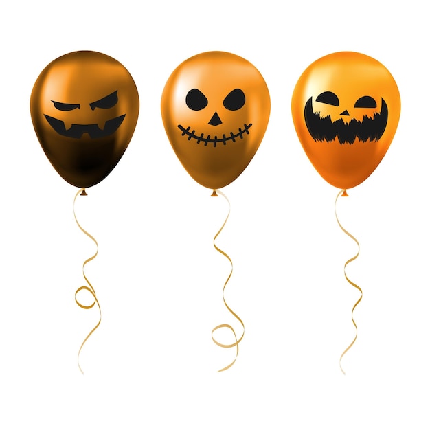 Vector set oranje halloween-ballonnen met enge en grappige gezichten