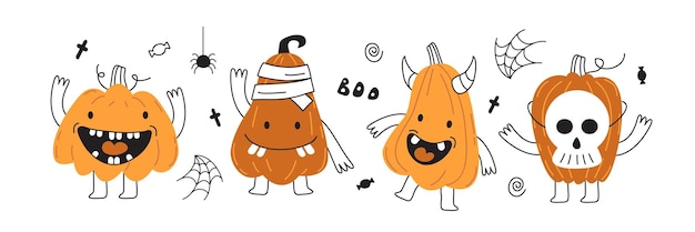 Set oranje pompoenen voor halloween. grappige pompoengroenten met spinnen en kostuums schrikken boo!
