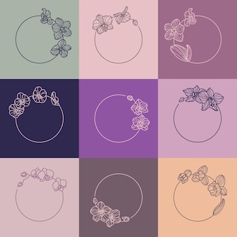 Set di cornici per fiori di orchidea e concetto di monogramma in stile lineare minimale. logo floreale di vettore con lo spazio della copia per lettera o testo. emblema per cosmetici, medicinali, cibo, moda, bellezza