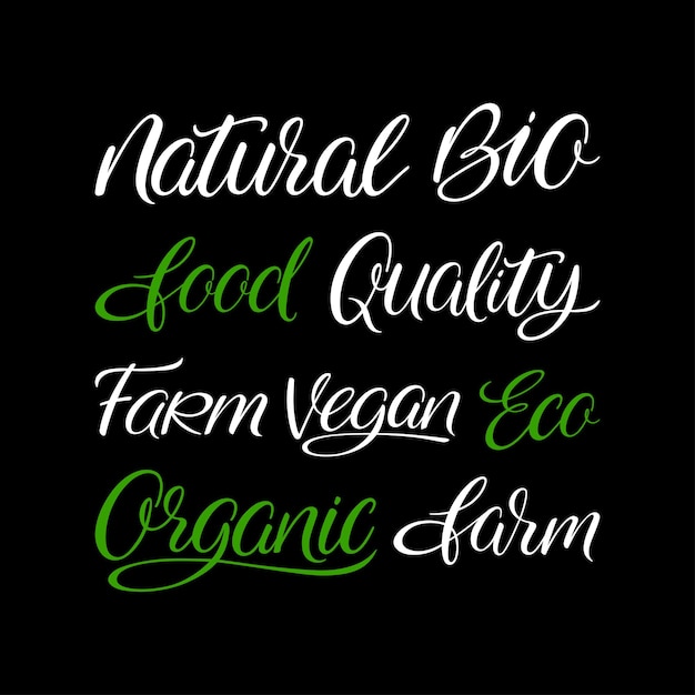 set of organic food handlettering words. vector illustration. natural, bio, eco, vegan, organic