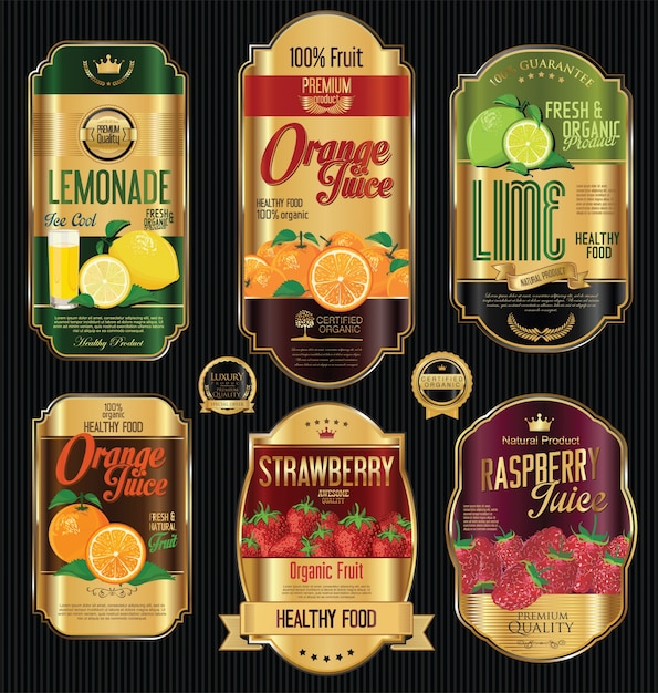 Vector set of organic fruit retro vintage golden labels collection