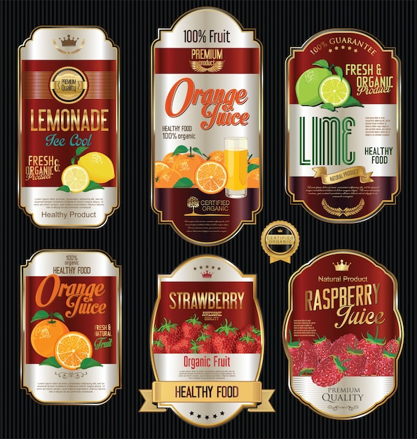 Set of organic fruit retro vintage golden labels collection