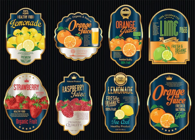 Set of organic fruit retro vintage golden labels collection