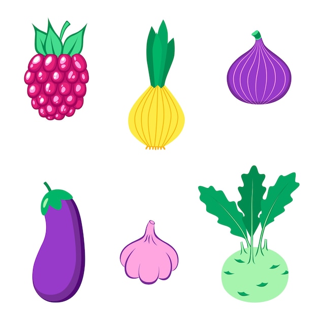 白い背景で隔離の有機果物野菜とベリーのセット健康的なライフスタイルフラットスタイルのベクトル図