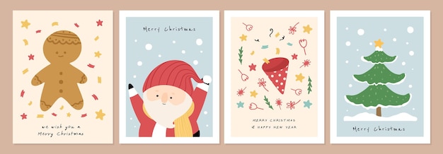 Set di illustrazioni vettoriali di cartoline di natale disegnate a mano organiche