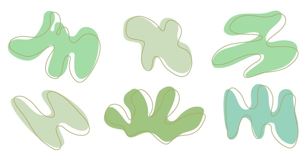 Set of organic irregular blob shapes with stroke line Green gray random deform spot fluid circle Isolated on white background Organic amoeba Doodle elements Abstract rounded forms Vector illustration