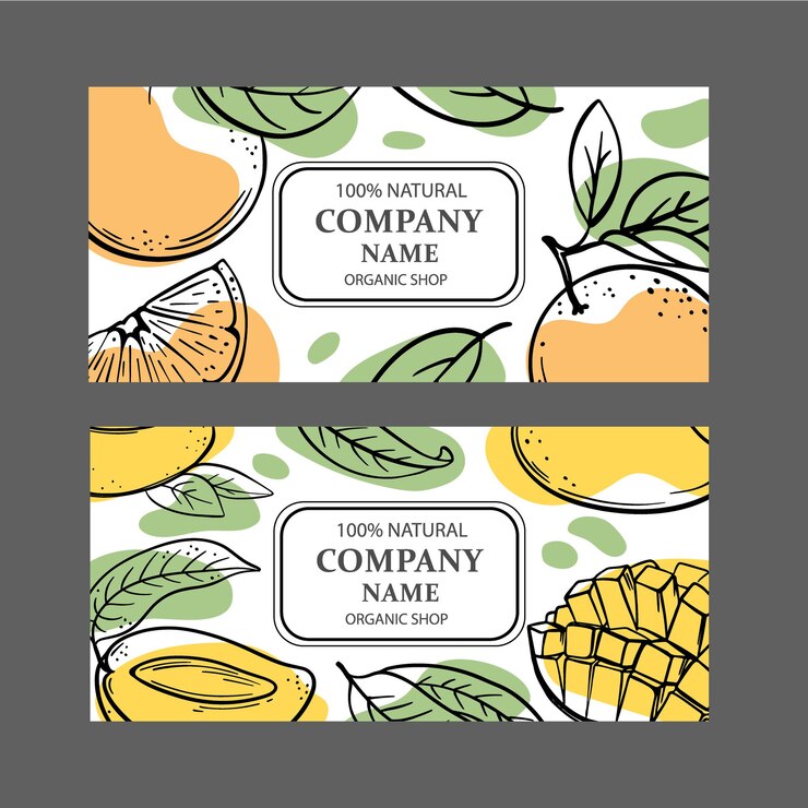Vector set of organic shop templates with fruits sketches design