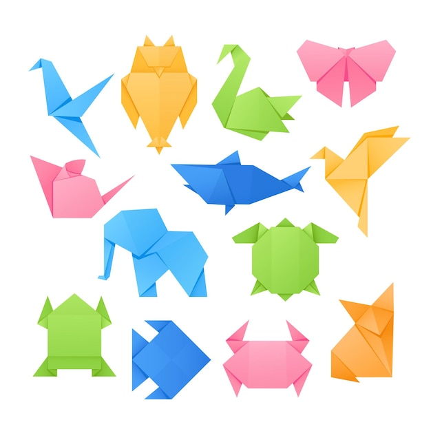 Set di animali origami gru gufo cigno e farfalla topo squalo e elefante tartaruga granchio pesce e volpe personaggi