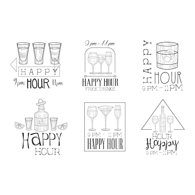 Set of original monochrome emblems for cocktail bar or restaurant Hand drawn logo templates with glasses and bottles Free drinks happy hour Vector design for advertising poster flyer or banner