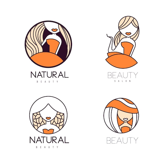 Set originele logo-sjablonen voor schoonheidssalon Lineaire labels met oranje vulling Stijlvolle emblemen met vrouwensilhouetten Ontwerp voor visitekaartje, reclameposter of flyer Geïsoleerde vectorpictogrammen