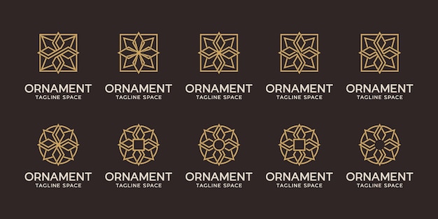 Набор дизайн логотипа орнамент. Геометрическая линия логотипа черный и золотой