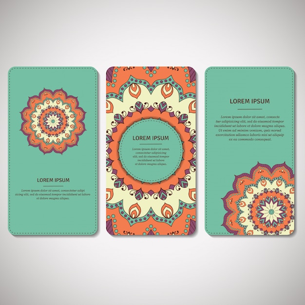 Set of ornamental cards, flyers with flower mandala in green, or