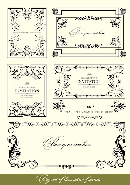 Vector set of ornate vector frames and ornaments with sample text perfect as invitation or announcement all pieces are separate easy to change colors and edit hand drawn illustration