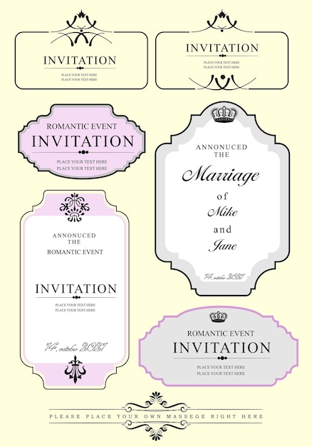 Set of ornate vector frames and ornaments with sample text Perfect as invitation or announcement All pieces are separate Easy to change colors and edit