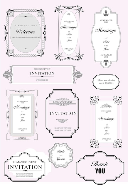 Set of ornate vector frames and ornaments with sample text Perfect as invitation or announcement All pieces are separate Easy to change colors and edit