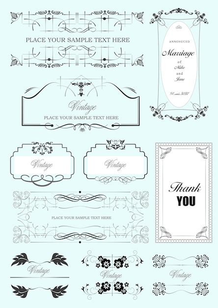 Set of ornate vector frames and ornaments with sample text Perfect as invitation or announcement All pieces are separate Easy to change colors and edit