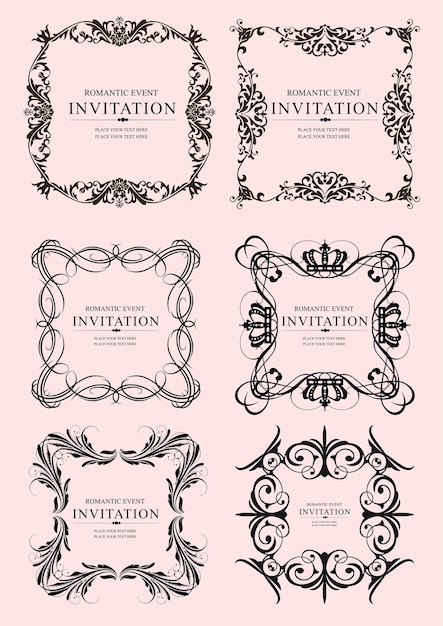 Vector set of ornate vector frames and ornaments with sample text perfect as invitation or announcement all pieces are separate easy to change colors and edit