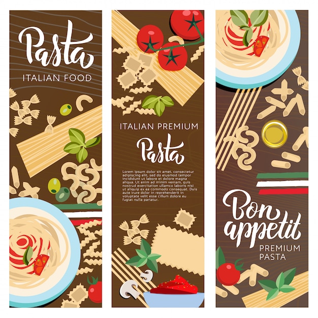 Set ot 3 Italian food banners with pasta hand lettering