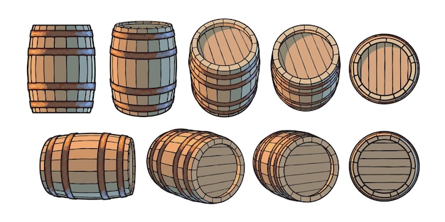 Set oude houten vaten in verschillende standen