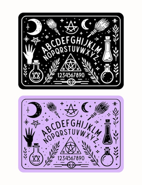 Set of Ouija board monoline badge with black and purple color Occultism Set Vector Illustration