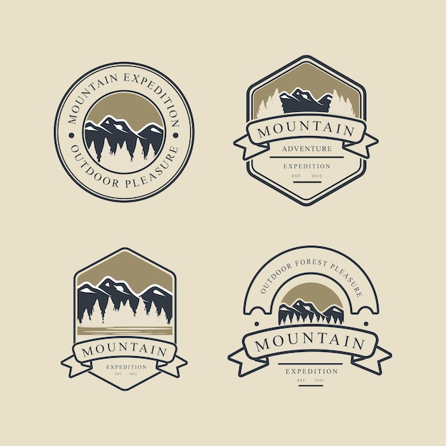 Установите открытый горный приключенческий логотип графического дизайна иконку современной винтажной векторной иллюстрации