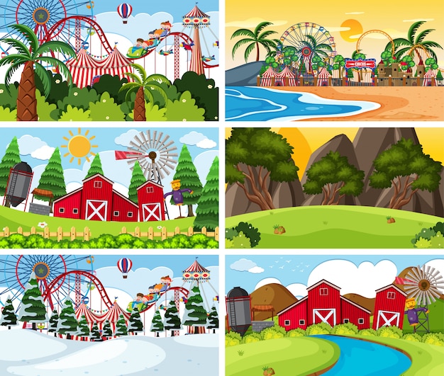 A set of outdoor scene including funfair