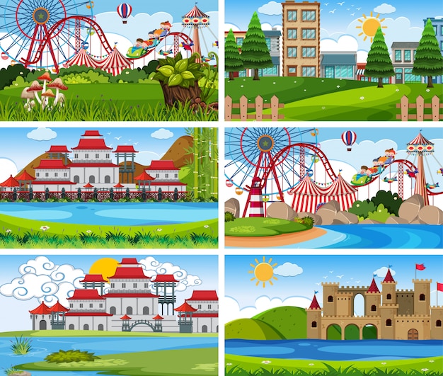 Vector a set of outdoor scene including funfair