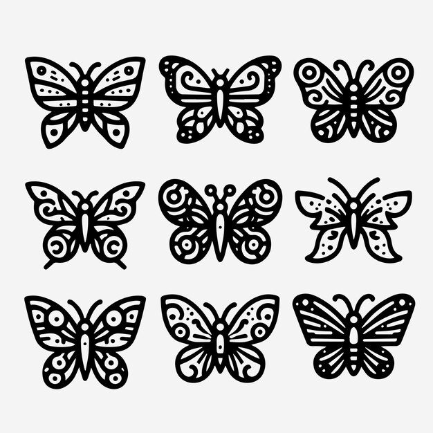 Set of Outline Black Butterflies Tattoo Icons Vector