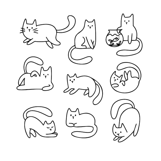 Set outline cartoon doodle hand drawn cats Cute pet variable line character Vector illustration