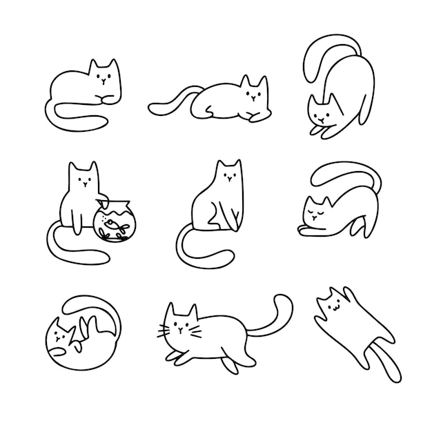 Set outline cartoon doodle hand drawn cats. cute pet variable line character.