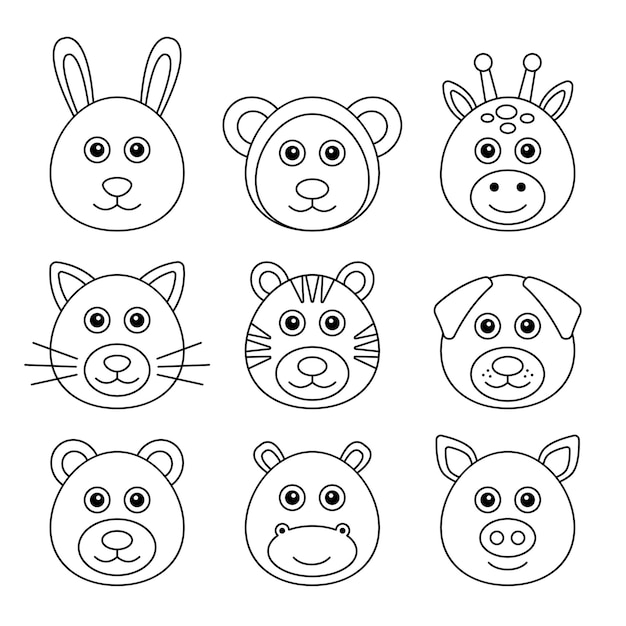 Set of outline cute heads zoo animals. cat, bear, hippo, rabbit, tiger, giraffe, monkey, dog, pig.