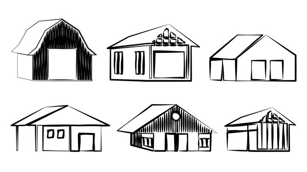 Vector set of outline farm barns and houses isolated on white background rural clipart