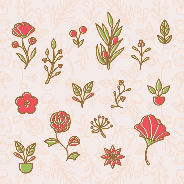 Set of outline floral element