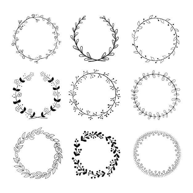 Set of outline hand drawn floral round frames