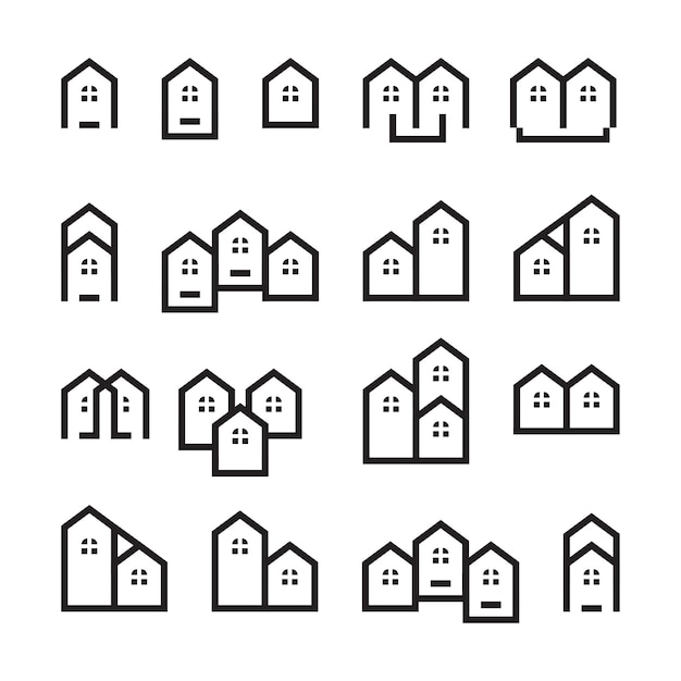 Set of outline home line icons isolated on a white background House icons sign Buildings