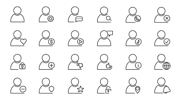 Vector set of outline icons about users internet personality user interface simple symbols