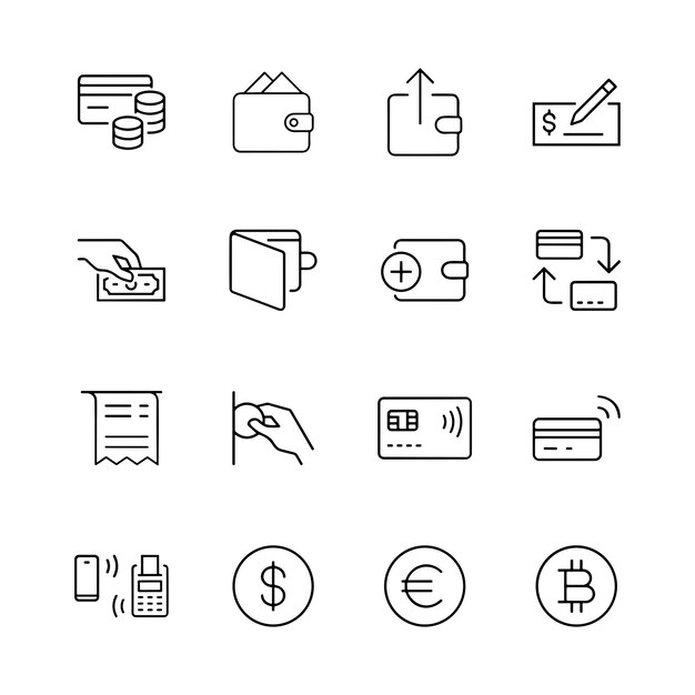 Vector set of outline icons related to payment methods linear icon collection editable stroke