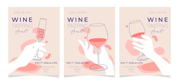 Set of outline illustrations of wine glass with white red and sparkling wine vector