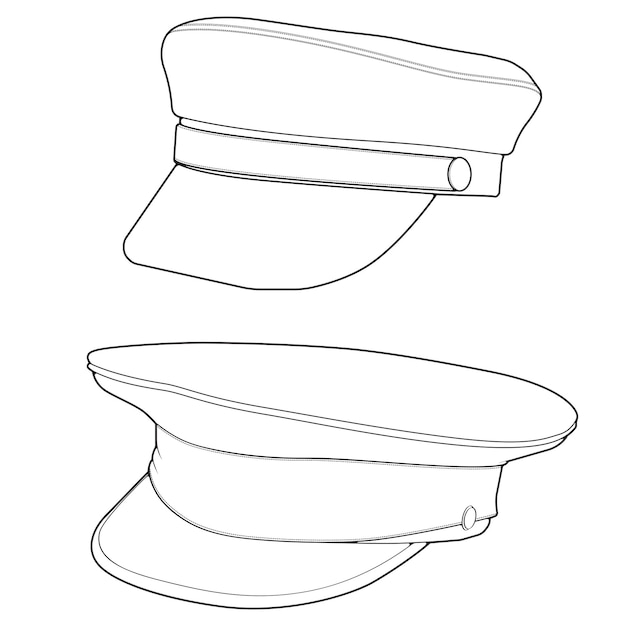 Set of outline military cap vector illustration isolated on white background Outline military cap vector for coloring book