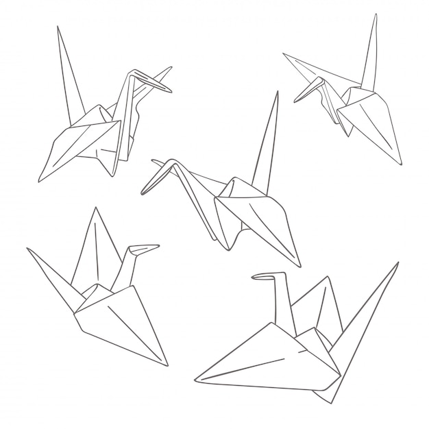 Set of outline paper origami birds isolated on white