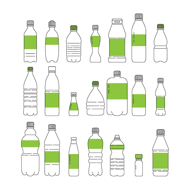 Set of outline plastic bottles with labels Vector illustration