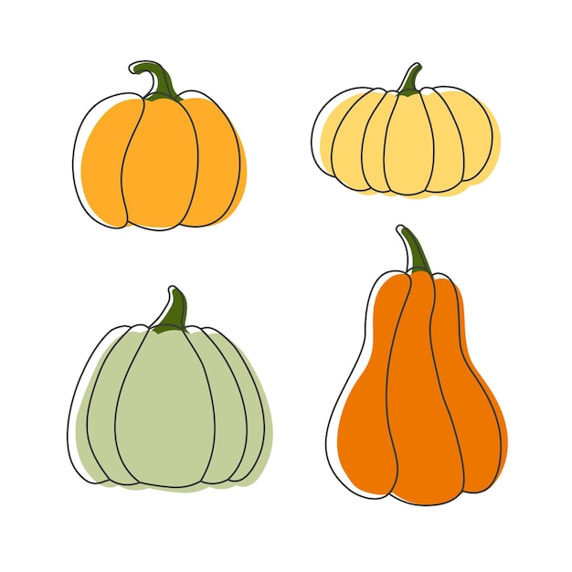 Set of outline pumpkins in various shapes and colors. Halloween and Thanksgiving day. Autumn decor.