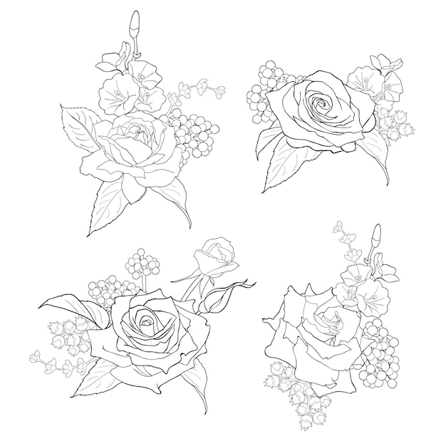 Set of outline rose flowers