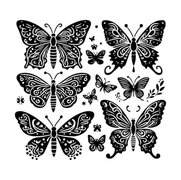 Vector set of outline silhouette insect butterflies decorative design