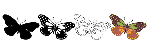 Set of outline silhouette insect butterflies