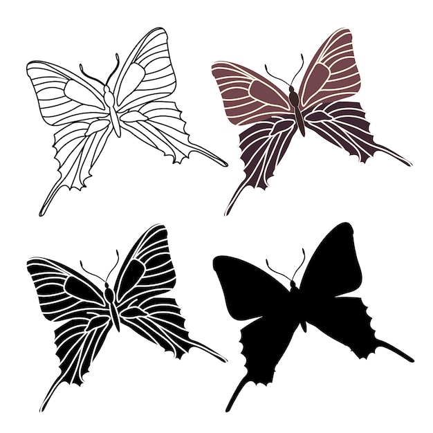 Set of outline silhouette insect butterflies