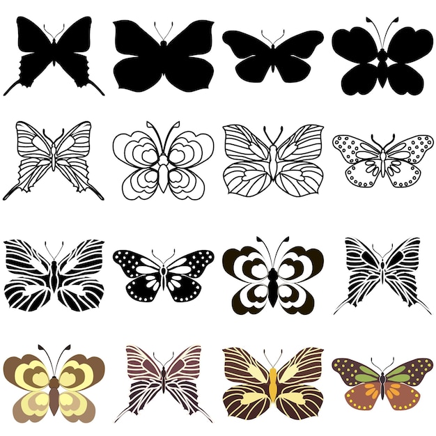 Set of outline silhouette insect butterflies