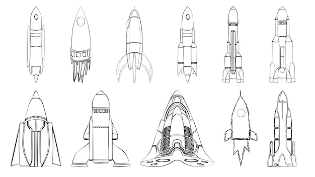 Set of outline space rockets isolated on white Vector