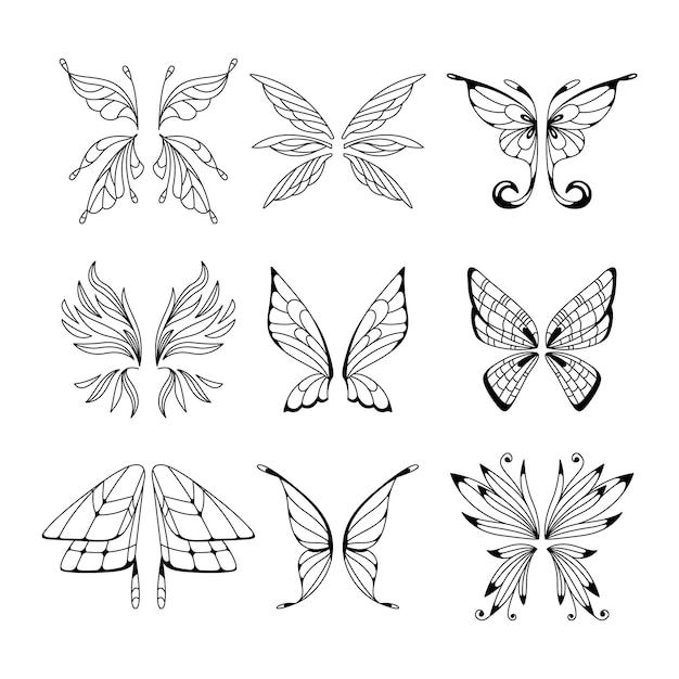 Set of outlines fairy or insect wings on a white background